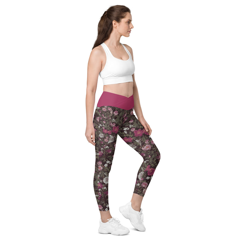 Rosen V-Bund-Leggings mit Taschen