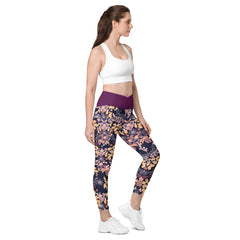 Violettes Blättermuster V-Bund-Leggings mit Taschen