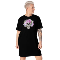 Schädel und Blumen -T-Shirt-Kleid